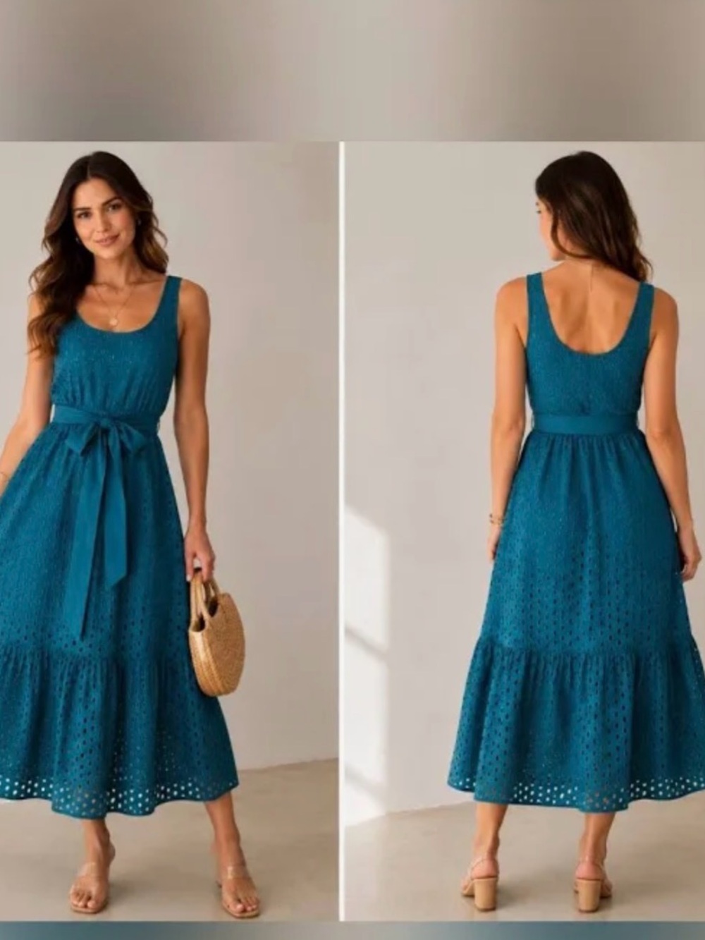 J. Crew Teal Eyelet Midi Dress with Waist Tie